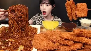 SUB)야끼소바 불닭볶음면에 바삭두툼 치즈돈까스 새우튀김 먹방! 라면 꿀조합 리얼사운드 Buldak Yakisoba Mukbang Asmr