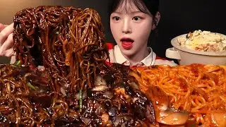 3 Bowls of Black-Bean-Sauce Noodles with Fried Rice Mukbang ASMR